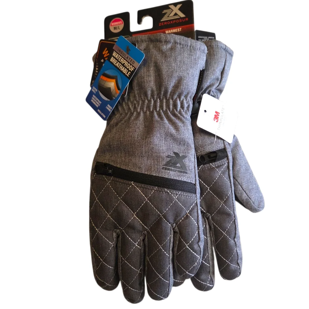 ZeroXposur Size Medium-Large Gray Insulated Winter Gloves Heat Warmer Pocket NWT